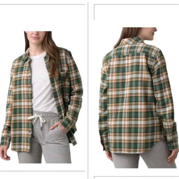 PrAna Golden Canyon Flannel Checkered Shirt in Soft Pine Outdoor Women's - Picture 1 of 7